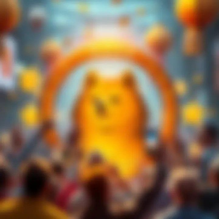 A vibrant Dogecoin symbol surrounded by people celebrating and discussing its resilience in the cryptocurrency market.