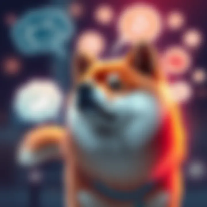 Doge Coin Concept A Shiba Inu dog representing Doge cryptocurrency with thought bubbles symbolizing ideas and success around it