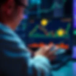 A person examining cryptocurrency charts on a laptop, with Dogecoin symbols visible, showing dollar-cost averaging trends in 2026.