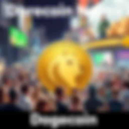 A vibrant scene showing the Dogecoin symbol surrounded by people engaging in discussions and sharing memes, representing the cultural impact of Dogecoin.