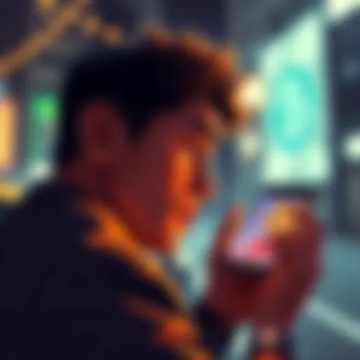 A person looking disappointedly at a falling Dogecoin chart on a phone screen, symbolizing the loss of hope in the cryptocurrency's future.