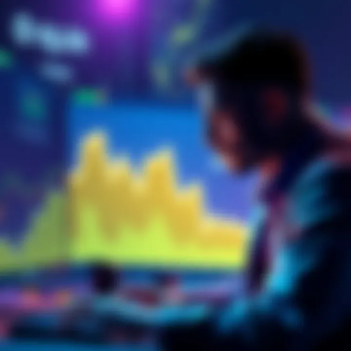 A chart showing the downward trend of Dogecoin's value, with a worried investor looking at a computer screen