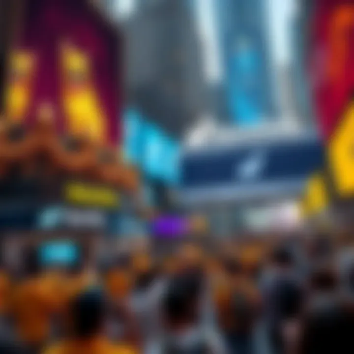 Crowd celebrating the launch of the Dogecoin ETF at Nasdaq with Doge-themed decorations and banners.