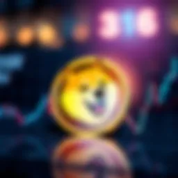 A Dogecoin logo next to a financial graph showing ups and downs, symbolizing market trends and investor speculation.