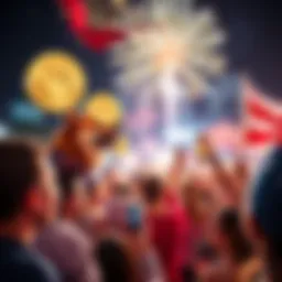A festive gathering of Dogecoin supporters celebrating Independence Day with fireworks and Doge symbols present.