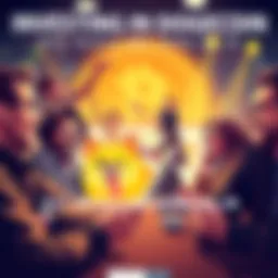 A group of people excitedly looking at charts and discussing Dogecoin investments