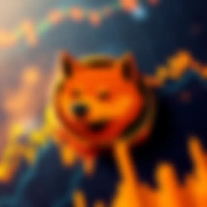 A Dogecoin logo with an upward and downward trending graph representing investment timing