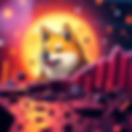 A graphic showing the rise of Dogecoin's value with a dog mascot in the background, symbolizing its journey from joke to serious investment.