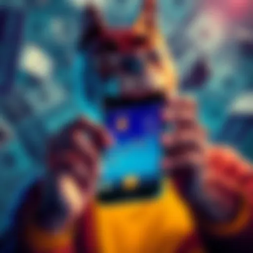 A person holding a smartphone displaying Dogecoin trading prices while looking worried about potential losses, with a background of dollar bills fading away.