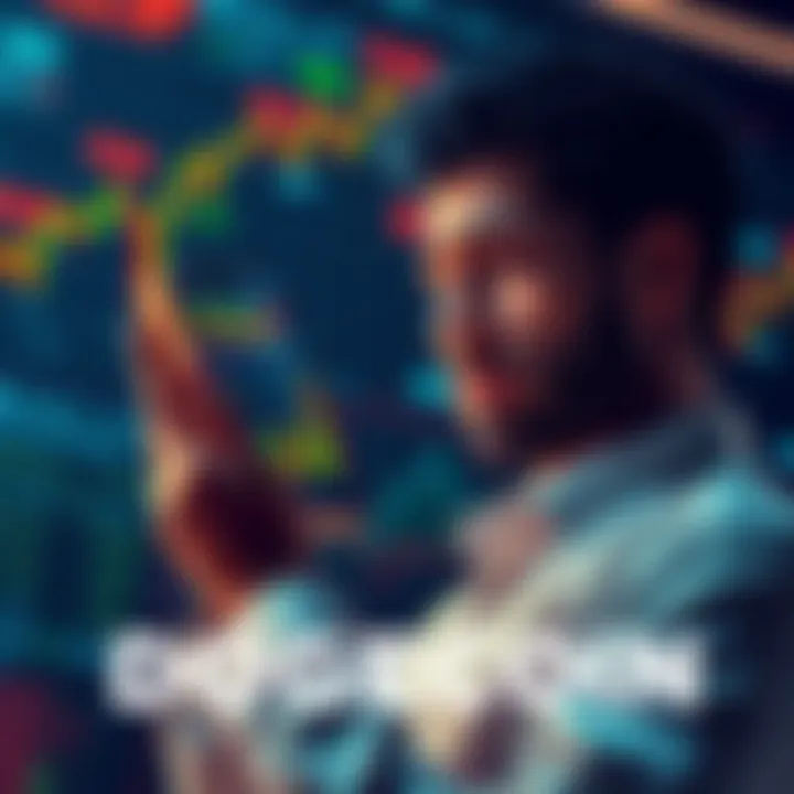 Dogecoin Investment Reflection A person holding a smartphone showing Dogecoin statistics, contemplating their investment journey since 2021, surrounded by financial charts, with a look of determination and concern.