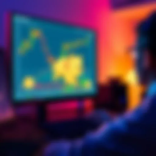 Dogecoin investment update A person looking at a computer screen displaying Dogecoin price charts and a graphic of Dogecoin coins, reflecting on their cryptocurrency investment