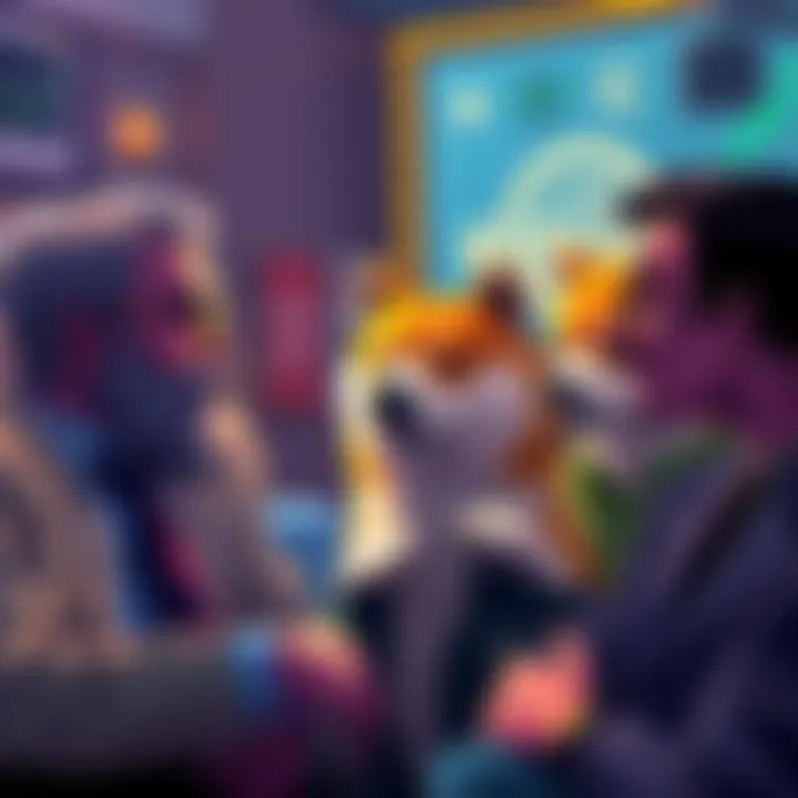 A group of Dogecoin investors engaging in a discussion with expressions of concern and hope, reflecting the market sentiment.