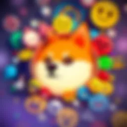 A colorful Dogecoin logo surrounded by popular meme symbols, representing the vibrant community and culture around Dogecoin in 2026.