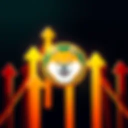 A bright Dogecoin logo surrounded by arrows pointing upwards, symbolizing optimism and growth for the cryptocurrency in 2027.