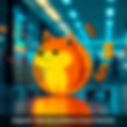 A vibrant Dogecoin logo with symbols of digital payments like a shopping cart and dollar sign, representing its potential in transactions.