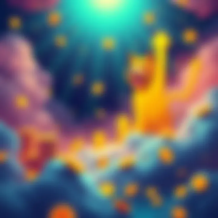 Dogecoin Dreams A vibrant illustration depicting the potential rise of Dogecoin with graphical representations of coins and upward trends, symbolizing optimism and investment strategy.