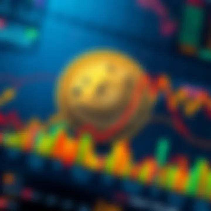 A colorful chart showing the fluctuating price of Dogecoin over time with arrows indicating key events.