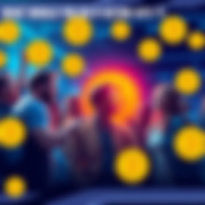 A group of happy people discussing their plans for spending profits from Dogecoin hitting $1, with Dogecoin logos around them