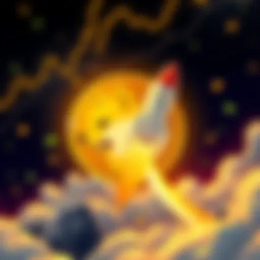Illustration showing a Dogecoin logo with a rocket symbol, indicating growth and progress towards a price milestone