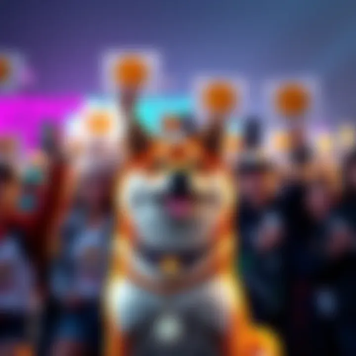 Dogecoin Rally A group of enthusiastic Dogecoin fans holding up signs and merchandise supporting the cryptocurrency, with a Shiba Inu dog in the foreground.
