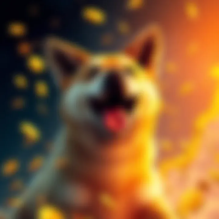 A joyful dog with a big smile, representing Dogecoin, surrounded by coins and dollar signs, showing its rise in the cryptocurrency market.