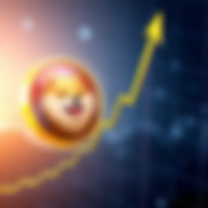 The Dogecoin logo next to a graph showing a significant upward trend, symbolizing its recent price surge.