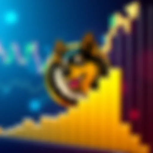 Dogecoin logo with rising graph Dogecoin logo surrounded by a chart showing upward trends, symbolizing predictions of its value increase