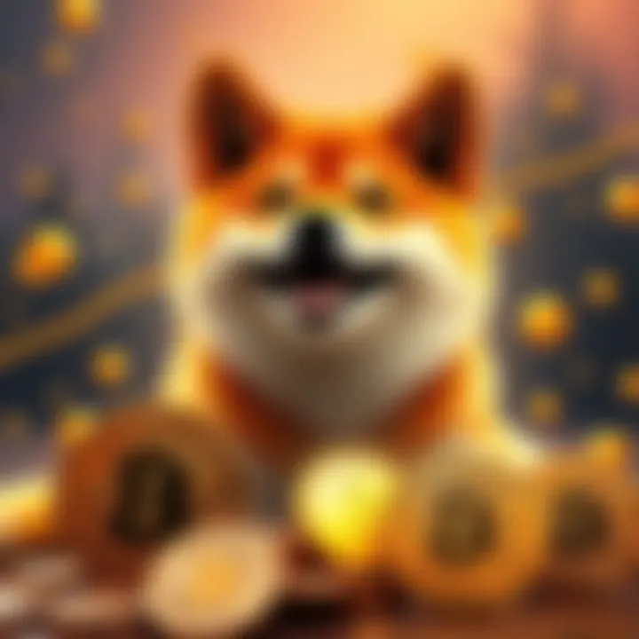 A cheerful Shiba Inu dog symbolizing Dogecoin is shown with Bitcoin coins, representing the growth of Dogecoin as Bitcoin thrives in the market.