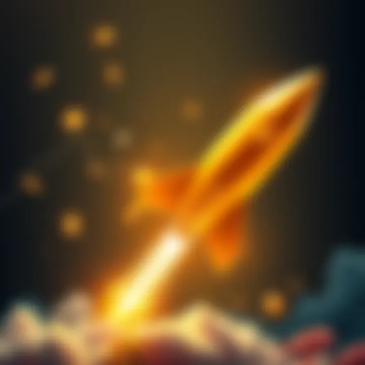 A graphic showing a rocket symbolizing Dogecoin's potential price increase, with a bright background and Dogecoin logos