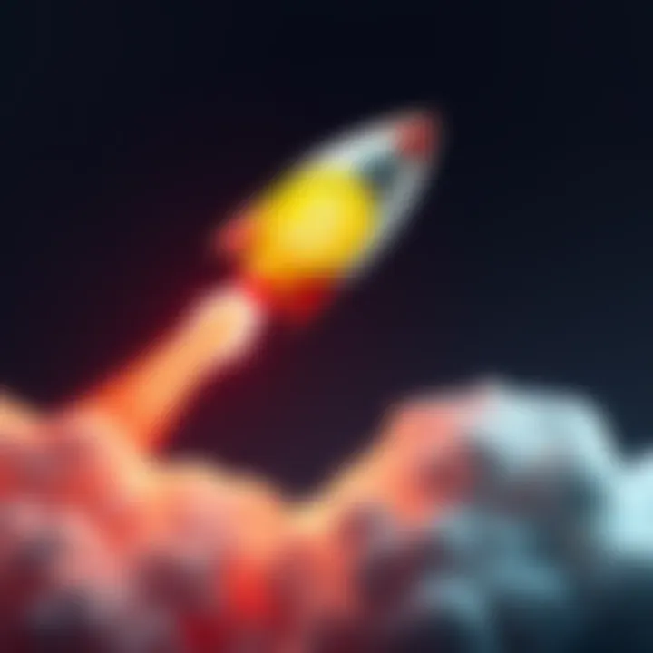 A graphic showing a dogecoin symbol launching like a rocket, symbolizing a price surge