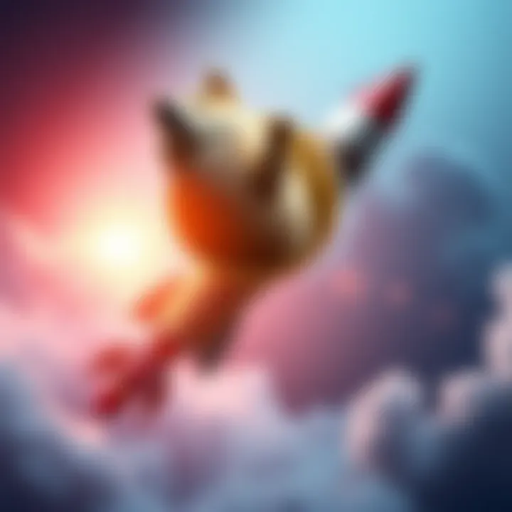A Dogecoin logo soaring on a rocket, symbolizing growth potential in cryptocurrency
