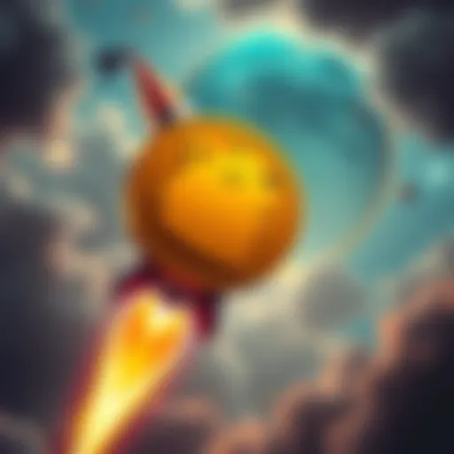 A Dogecoin logo with a rocket launching into the sky, symbolizing growth and excitement in the crypto market.