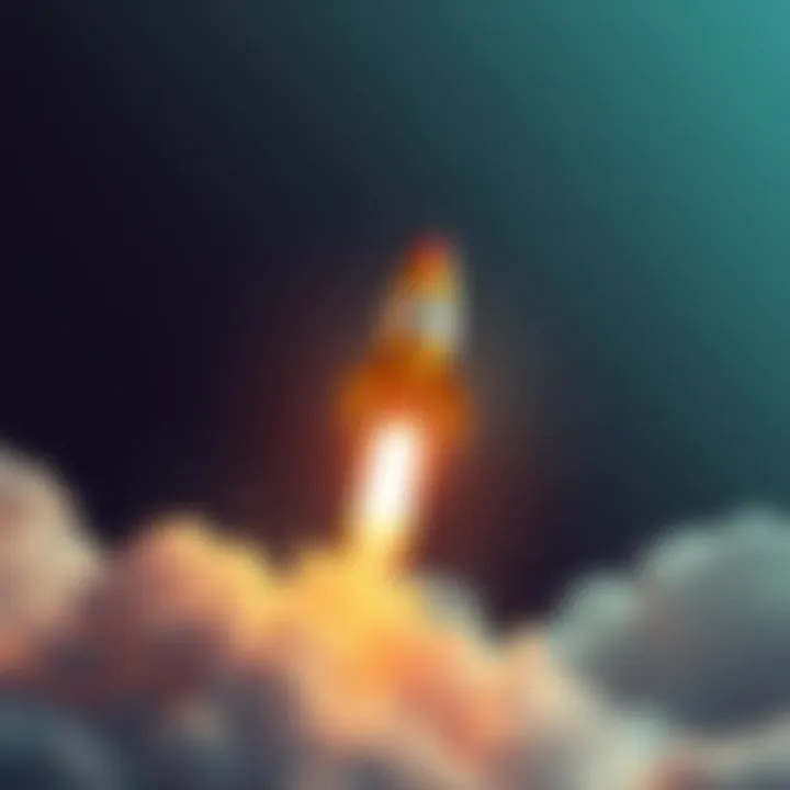 A digital depiction of a rocket representing Dogecoin launching into the sky, symbolizing its potential growth in 2026.