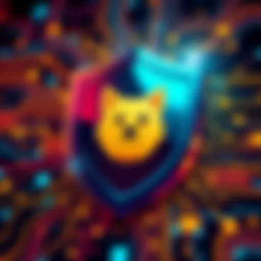 A graphic showing a Dogecoin logo with a shield, representing security. It includes elements of AI like circuit patterns and data analysis.
