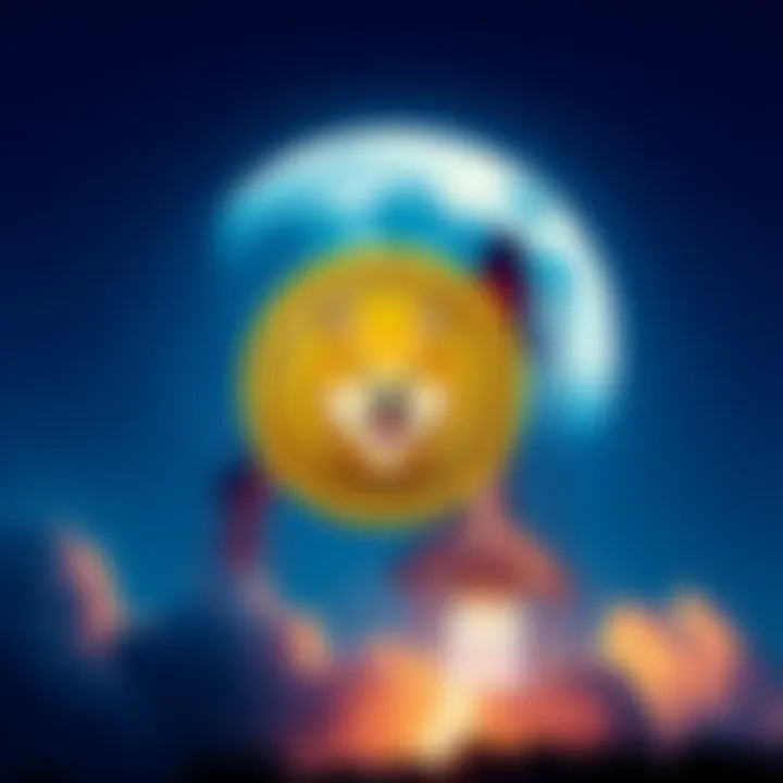 Dogecoin logo next to a rocket with the moon in the background, symbolizing the upcoming SpaceX mission.