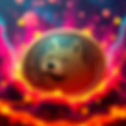 The Dogecoin logo surrounded by motivational phrases like HODL and trust in the future, set against a vibrant background.
