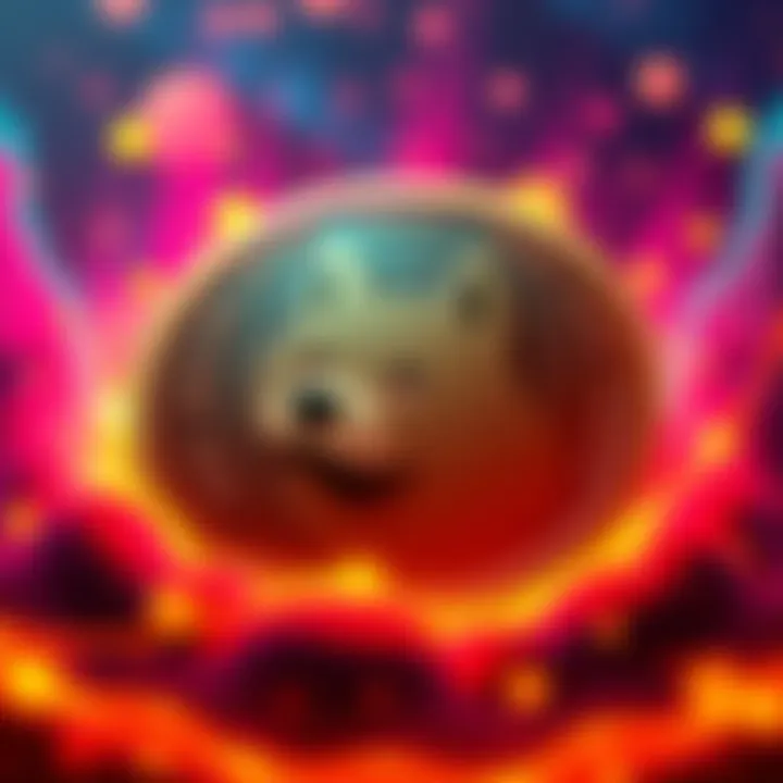 Dogecoin Symbol with Strong Messages The Dogecoin logo surrounded by motivational phrases like HODL and trust in the future, set against a vibrant background.