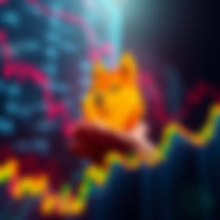 A graphic showing the Dogecoin logo rising amid a backdrop of declining traditional stock charts