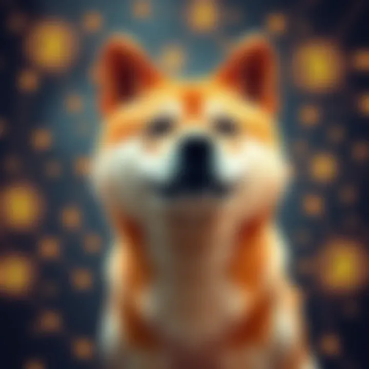 Doge Coin Symbol A Shiba Inu dog looking forward with a playful expression, surrounded by digital symbols representing cryptocurrency.