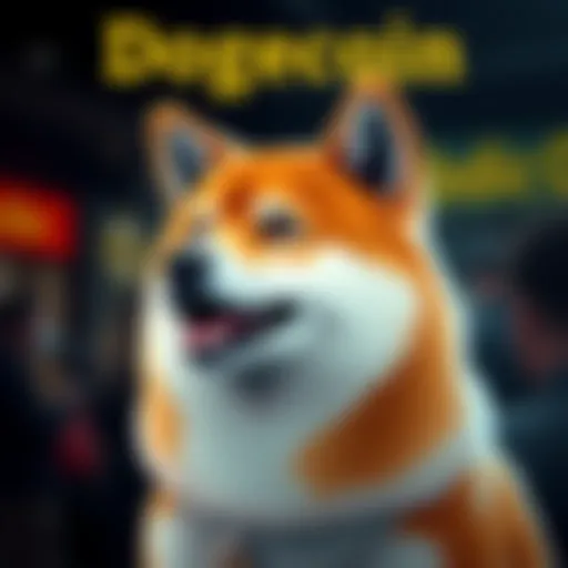 A cheerful Shiba Inu dog with the Dogecoin logo, representing the playful nature of memecoins in crypto.