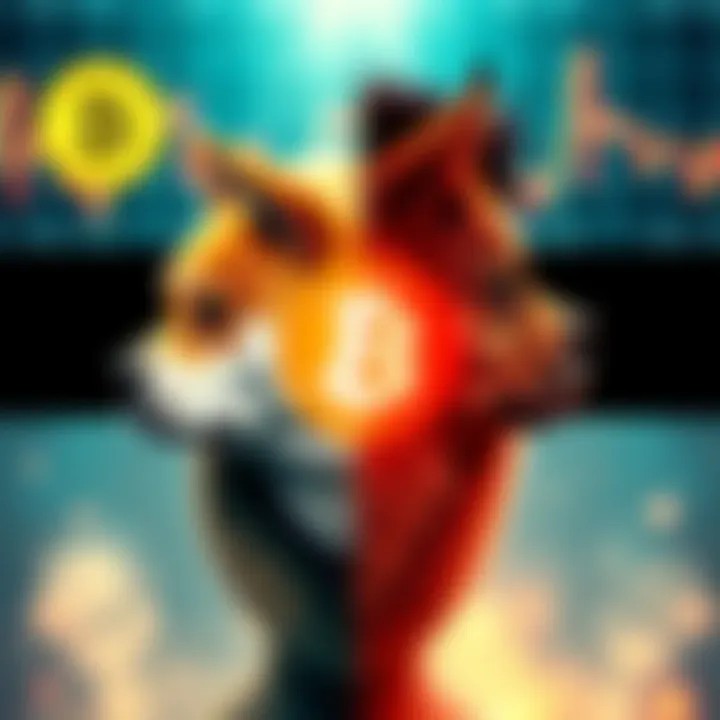 Dogecoin Trading Decision A graphic showing a split image of a person contemplating holding or selling Dogecoin, with bullish and bearish symbols representing market trends in the background.