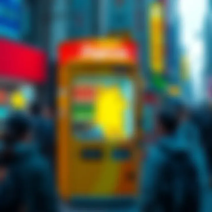 Dogecoin vending machine in a busy area A colorful Dogecoin vending machine surrounded by people in a bustling street.