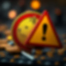 A visual representation of a Dogecoin logo alongside a warning sign, highlighting risks associated with memecoins
