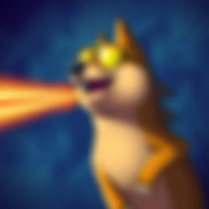 A cartoonish Dogezilla shooting laser beams from its eyes in a starry sky