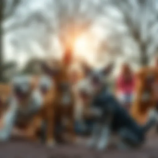 A group of dogs playfully interacting in a park, showcasing their fun antics while their owners watch and laugh.
