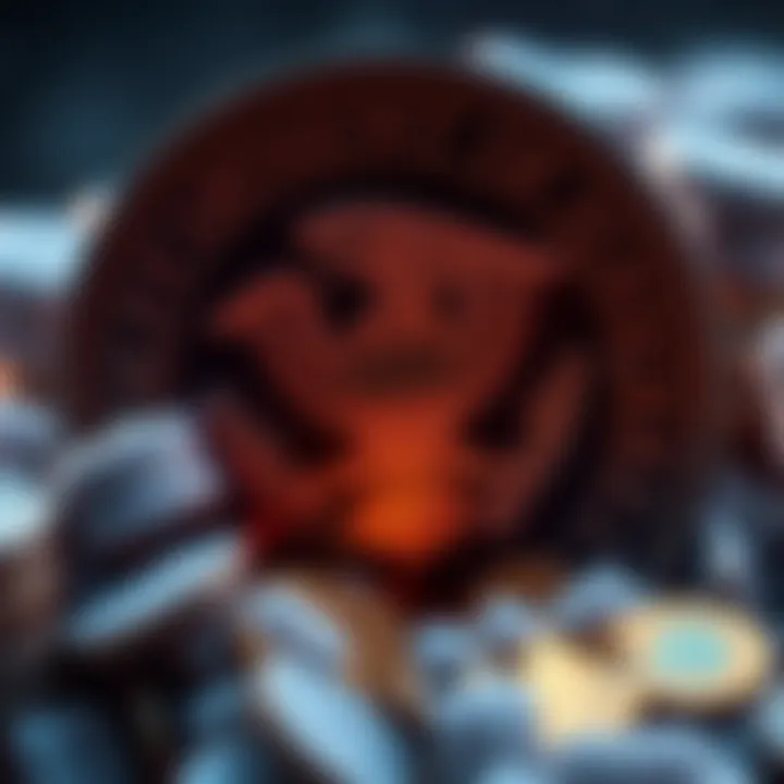 The Department of Justice logo with a digital display of frozen cryptocurrency coins, symbolizing the crackdown on scams.