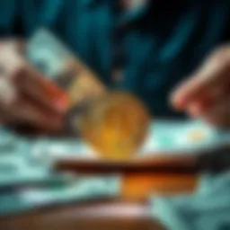 Dollar bills and Bitcoin symbol A person weighing dollar bills against a Bitcoin symbol, symbolizing the choice between selling Apple shares for cryptocurrency.