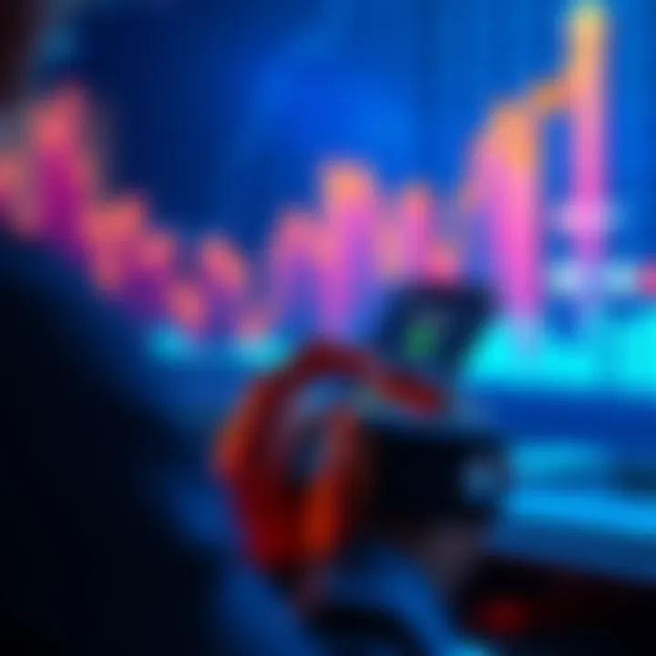 A person using a smartphone to invest in cryptocurrency on popular apps like Kraken and Coinbase, with a graph showing upward trends in the background.