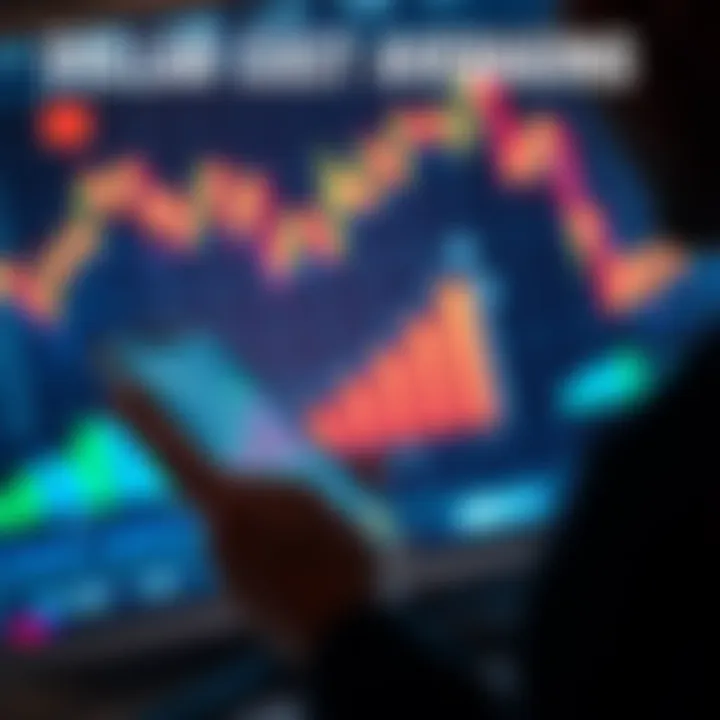 A person using a smartphone app to invest money regularly, showing a steady increase in savings over time, with financial charts in the background.