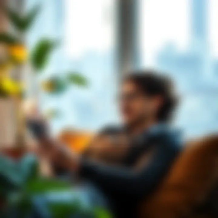 A person relaxing with a plant while checking investment on a tablet, symbolizing stress-free investing with Dollar Cost Averaging.